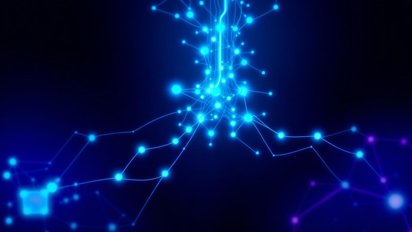 Glowing neural network nodes flowing into abstract business dashboards