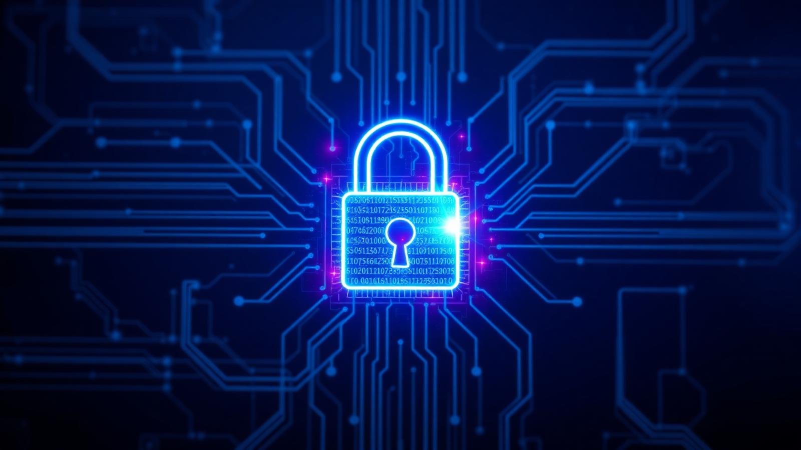 Glowing cyan padlock over a circuit board, representing small business cybersecurity